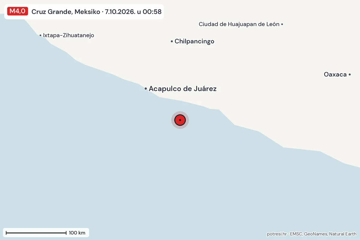 Karta: šire područje, 600 km, potres M4,0, Cruz Grande, Meksiko, 7.10.2026.