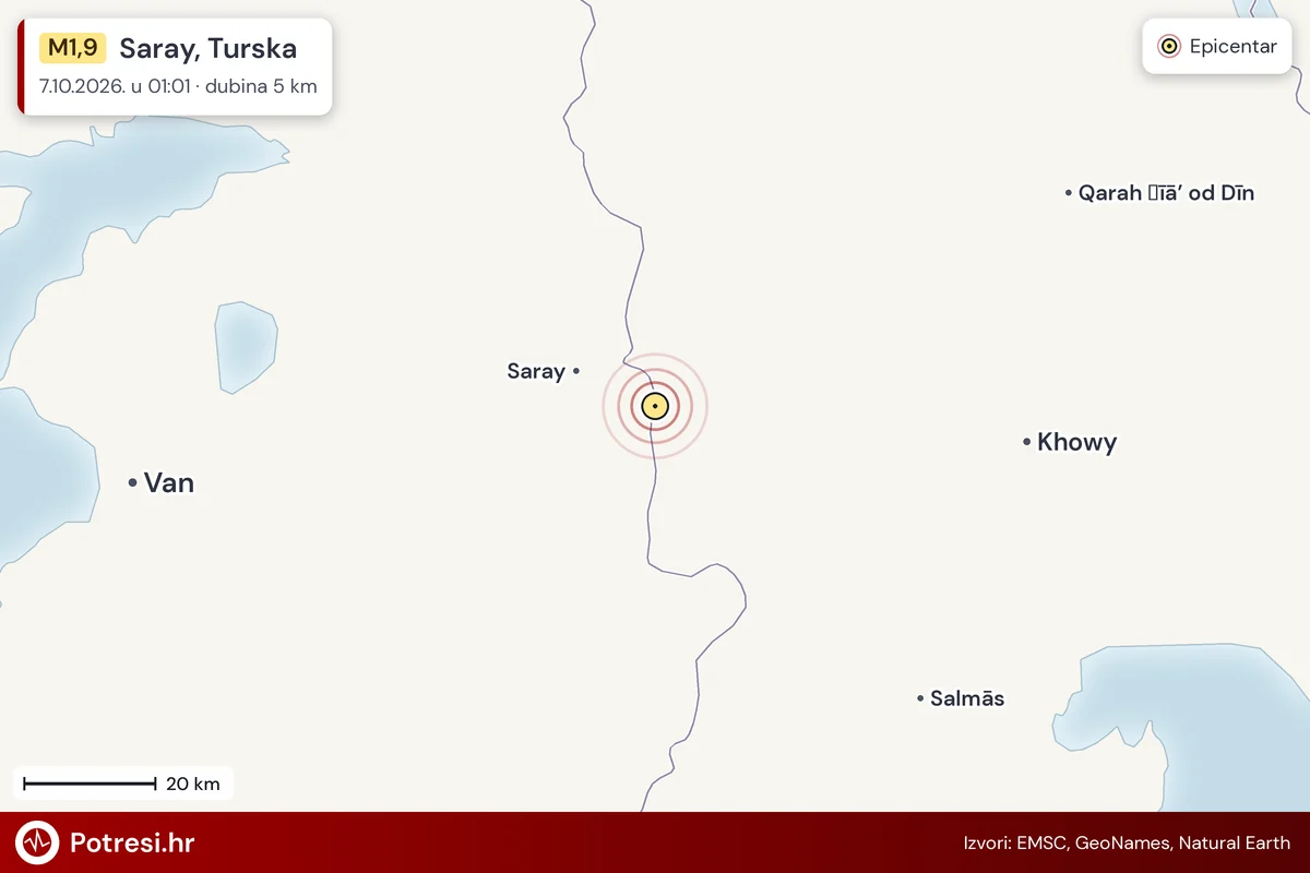Karta: šire područje i vjerojatni doseg osjeta, potres M1,9, Saray, Turska, 7.10.2026.