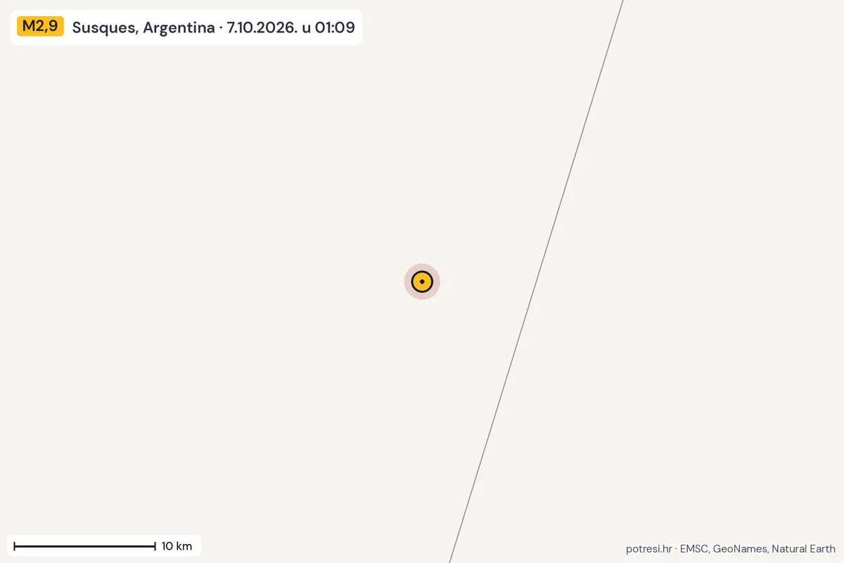 Karta: okolica epicentra, 60 km, potres M2,9, Susques, Argentina, 7.10.2026.