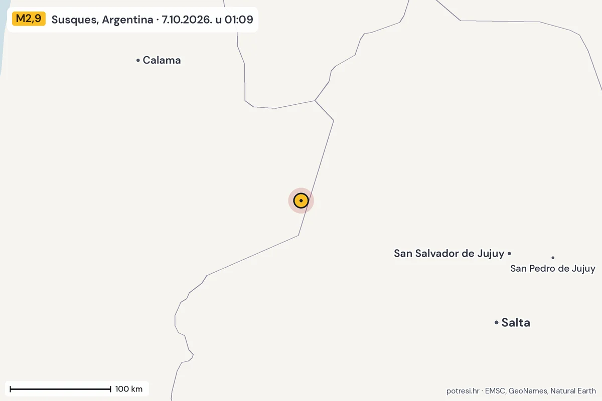 Karta: šire područje, 600 km, potres M2,9, Susques, Argentina, 7.10.2026.