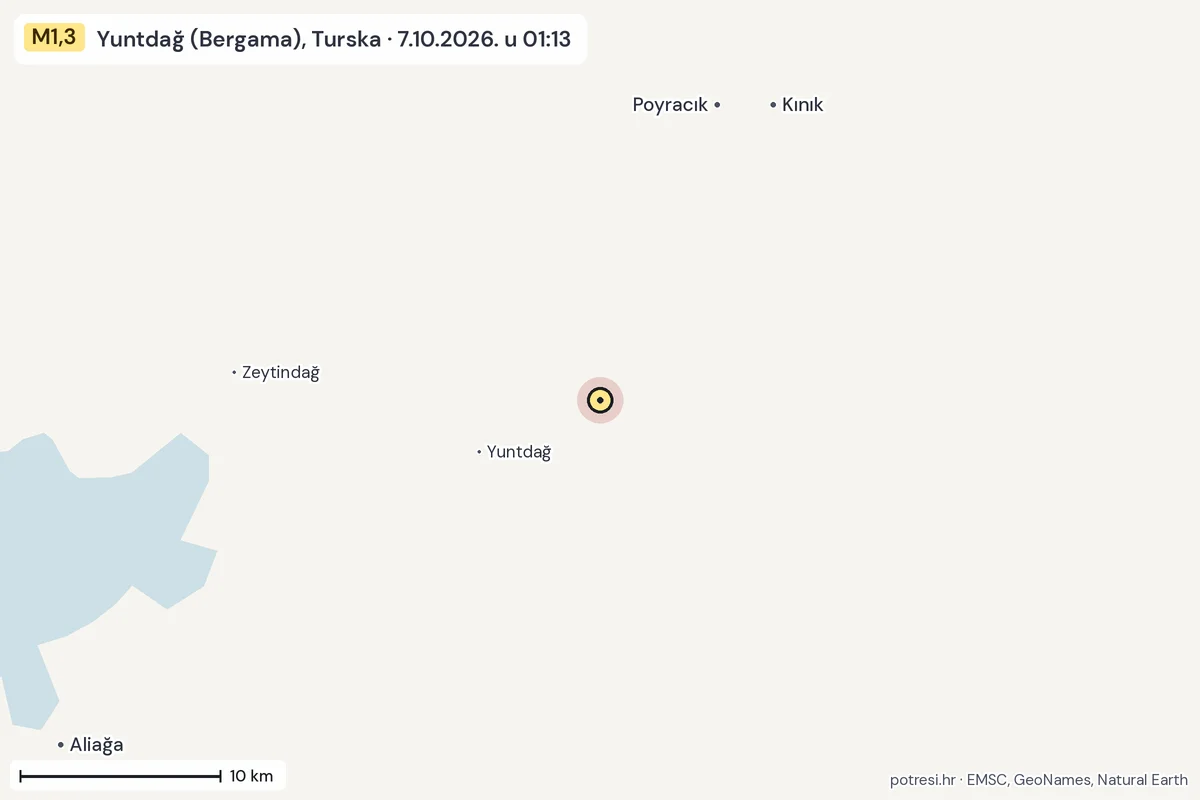 Karta: okolica epicentra, 60 km, potres M1,3, Yuntdağ (Bergama), Turska, 7.10.2026.