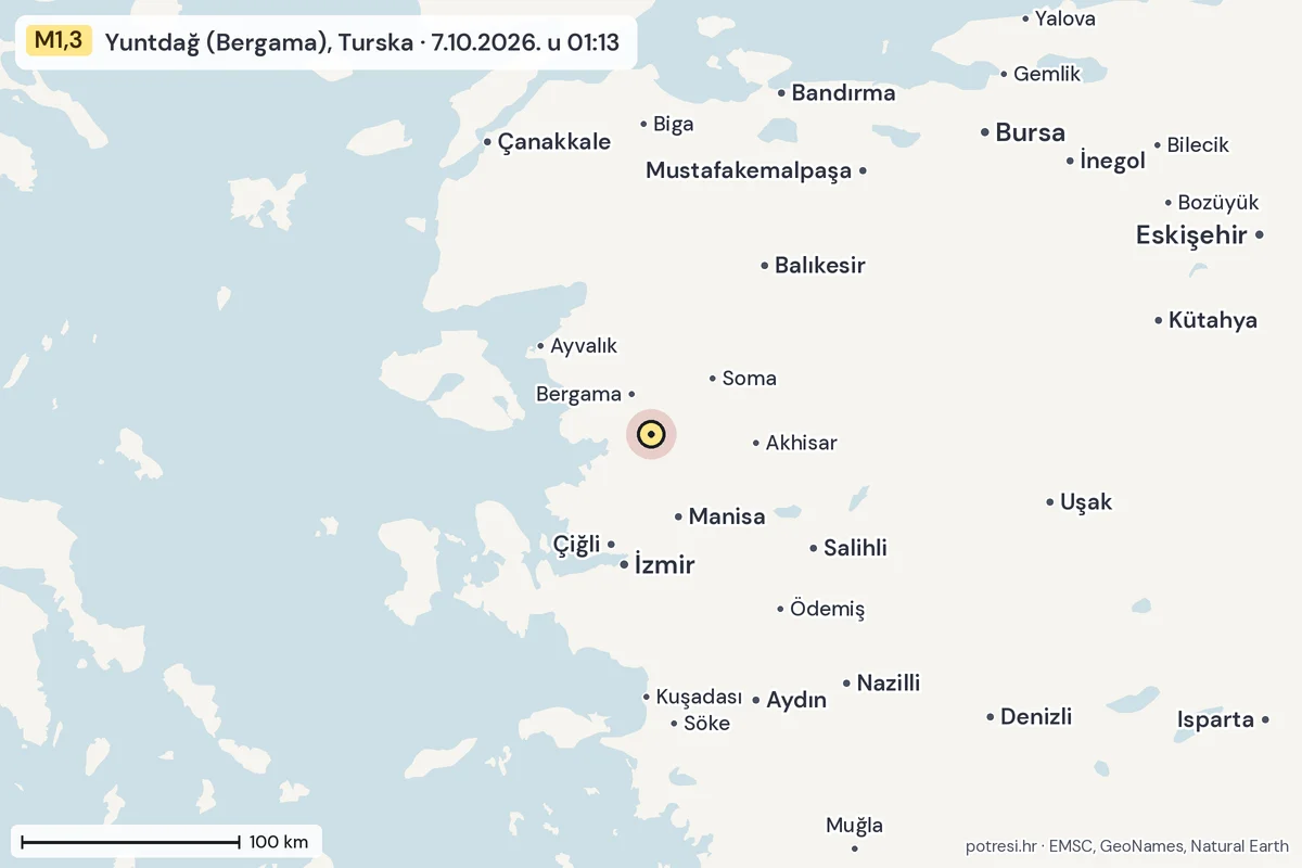 Karta: šire područje, 600 km, potres M1,3, Yuntdağ (Bergama), Turska, 7.10.2026.
