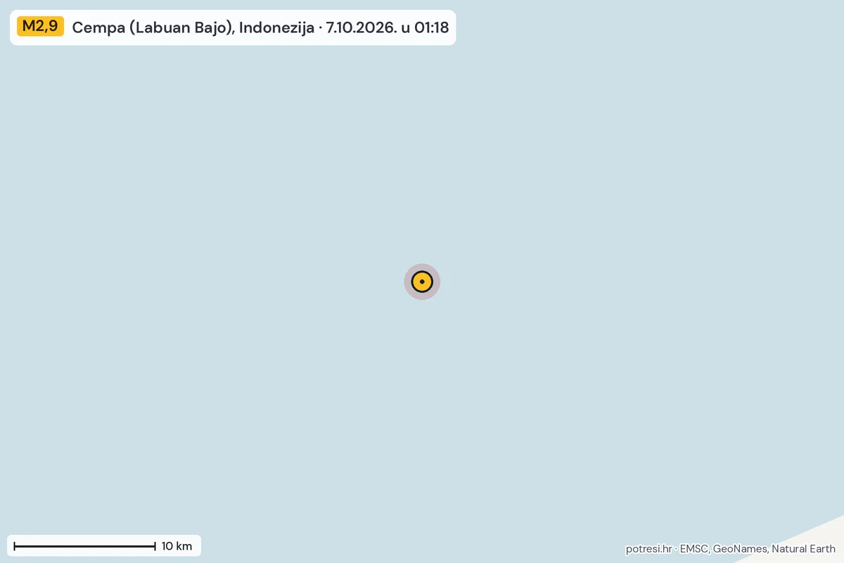 Karta: okolica epicentra, 60 km, potres M2,9, Cempa (Labuan Bajo), Indonezija, 7.10.2026.