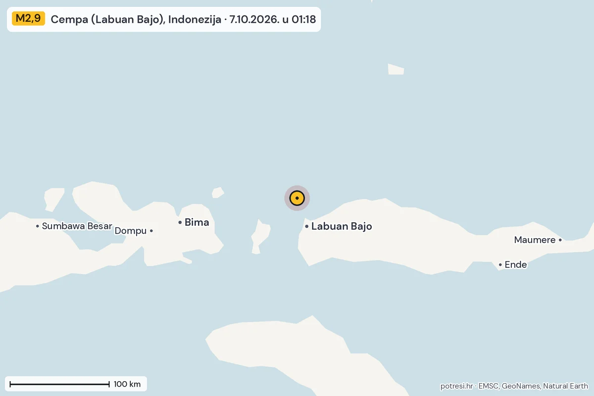 Karta: šire područje, 600 km, potres M2,9, Cempa (Labuan Bajo), Indonezija, 7.10.2026.
