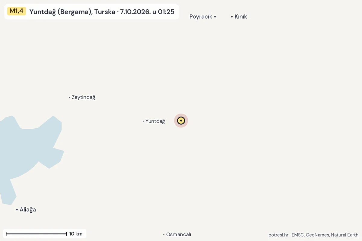 Karta: okolica epicentra, 60 km, potres M1,4, Yuntdağ (Bergama), Turska, 7.10.2026.