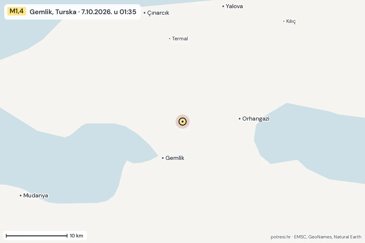 Karta: okolica epicentra, 60 km, potres M1,4, Gemlik, Turska, 7.10.2026.