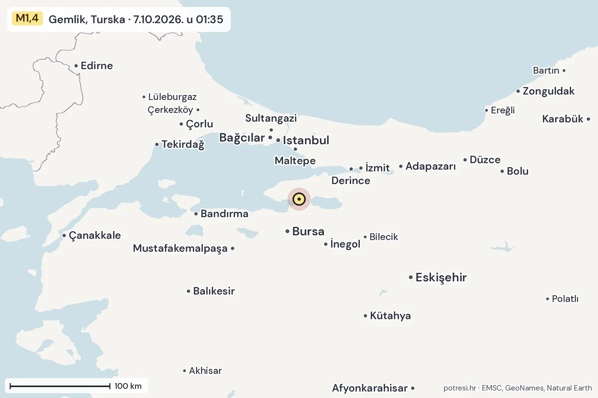 Karta: šire područje, 600 km, potres M1,4, Gemlik, Turska, 7.10.2026.