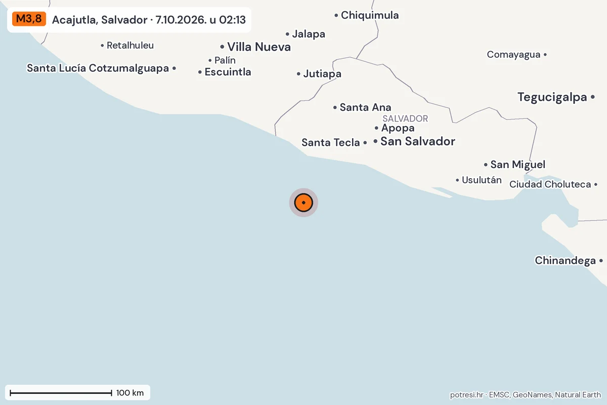 Karta: šire područje, 600 km, potres M3,8, Acajutla, Salvador, 7.10.2026.