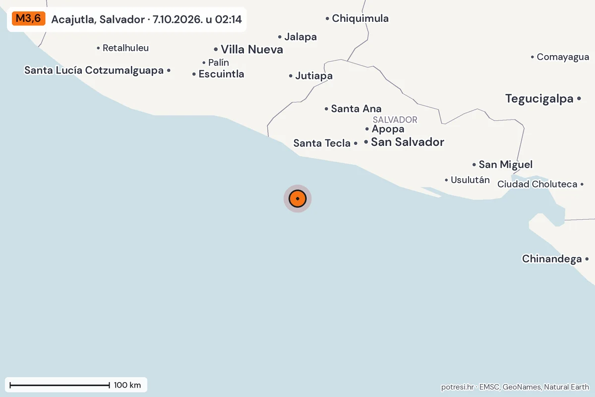 Karta: šire područje, 600 km, potres M3,6, Acajutla, Salvador, 7.10.2026.