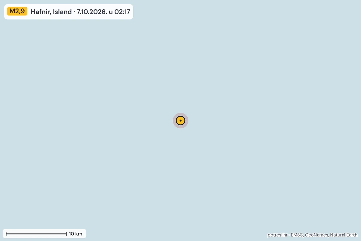Karta: okolica epicentra, 60 km, potres M2,9, Hafnir, Island, 7.10.2026.