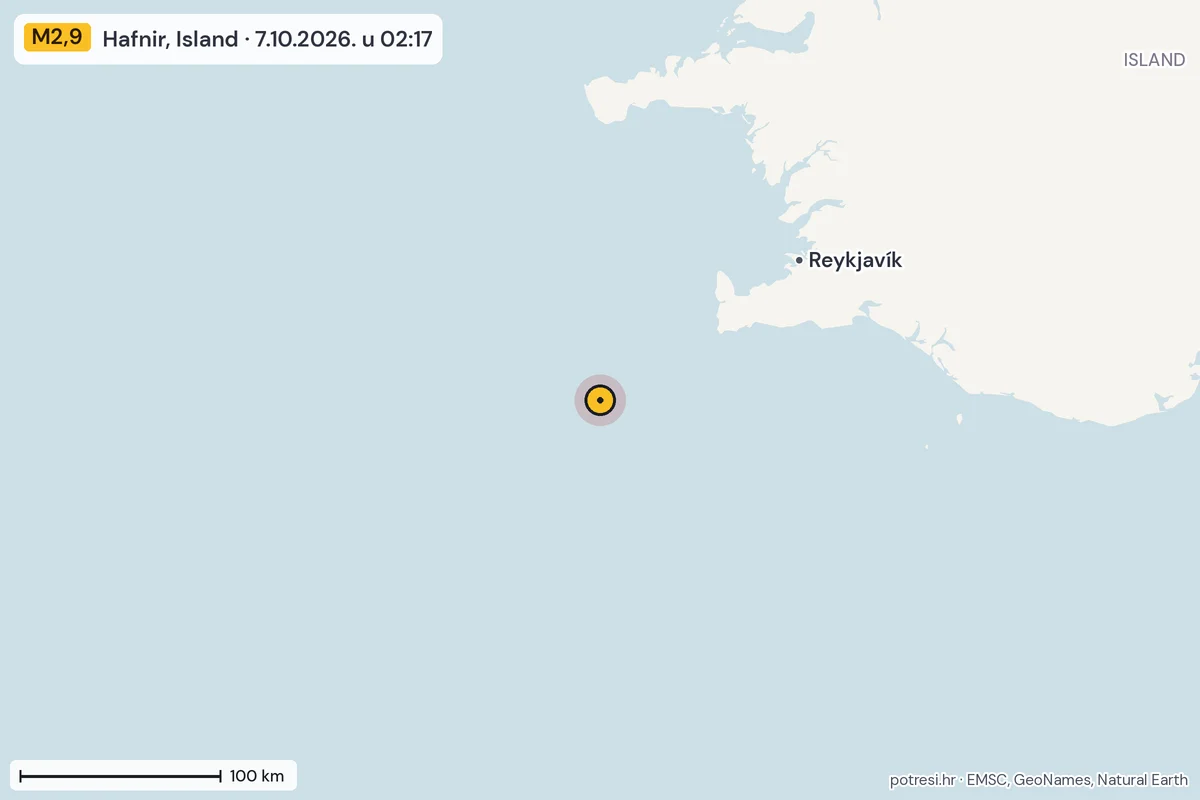 Karta: šire područje, 600 km, potres M2,9, Hafnir, Island, 7.10.2026.