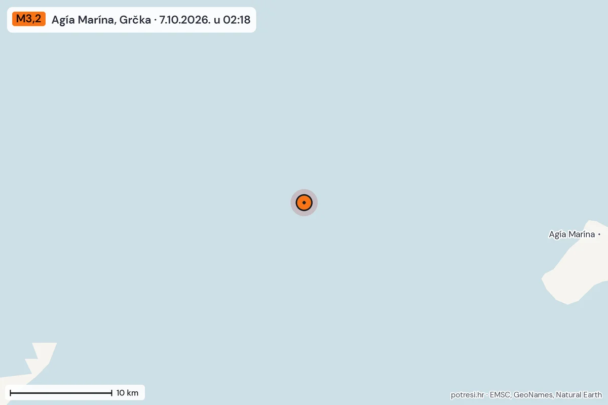 Karta: okolica epicentra, 60 km, potres M3,2, Agía Marína, Grčka, 7.10.2026.