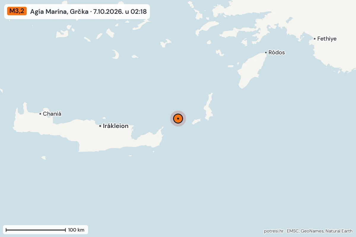Karta: šire područje, 600 km, potres M3,2, Agía Marína, Grčka, 7.10.2026.