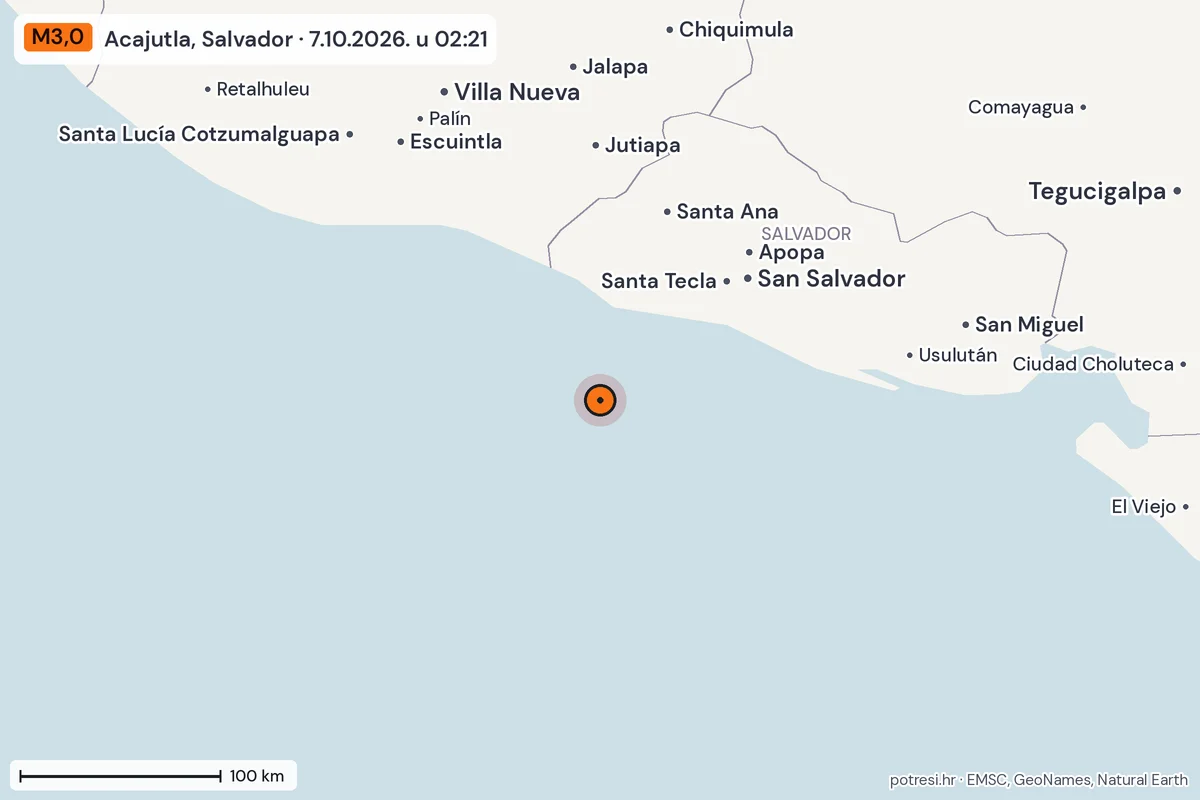 Karta: šire područje, 600 km, potres M3,0, Acajutla, Salvador, 7.10.2026.