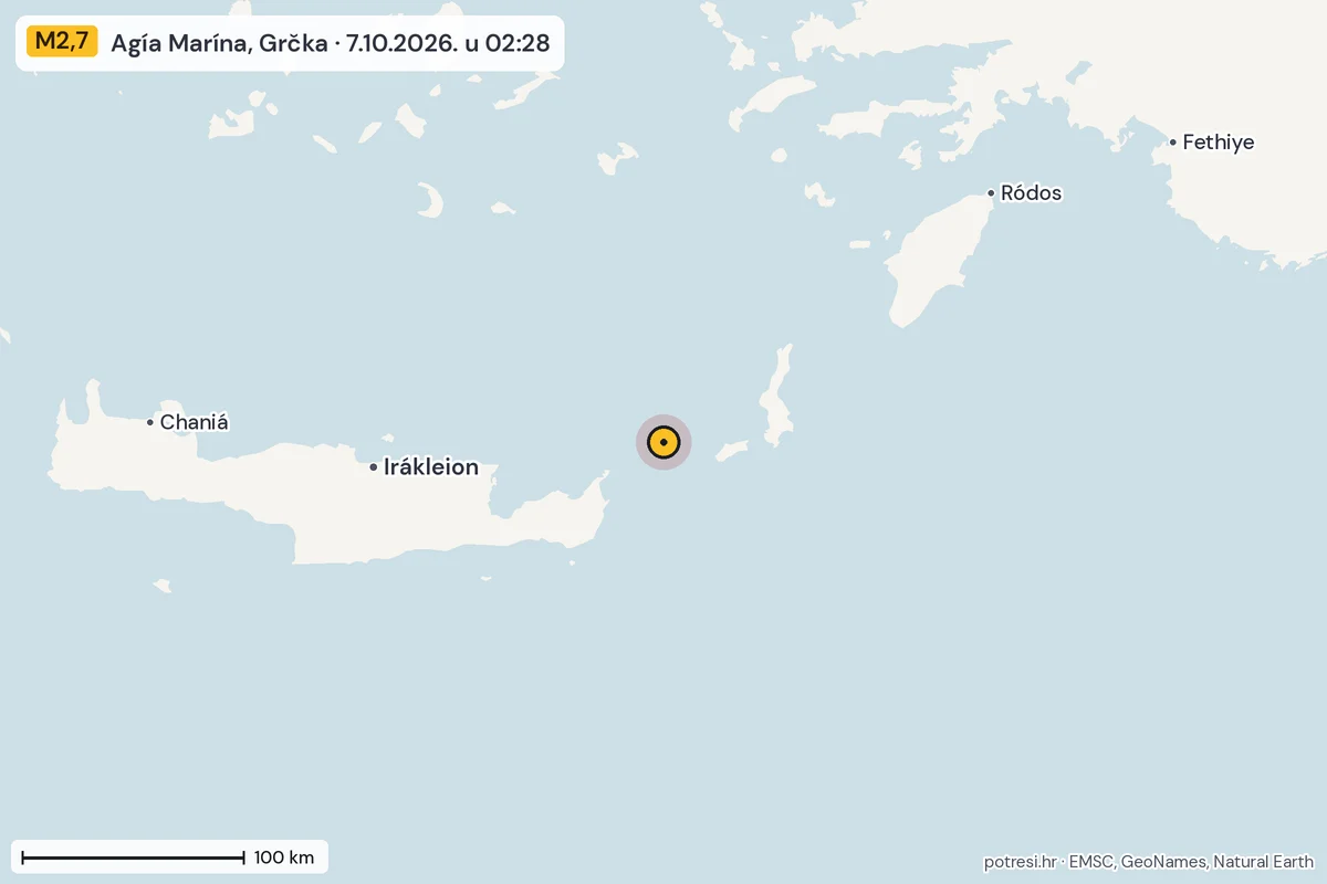 Karta: šire područje, 600 km, potres M2,7, Agía Marína, Grčka, 7.10.2026.
