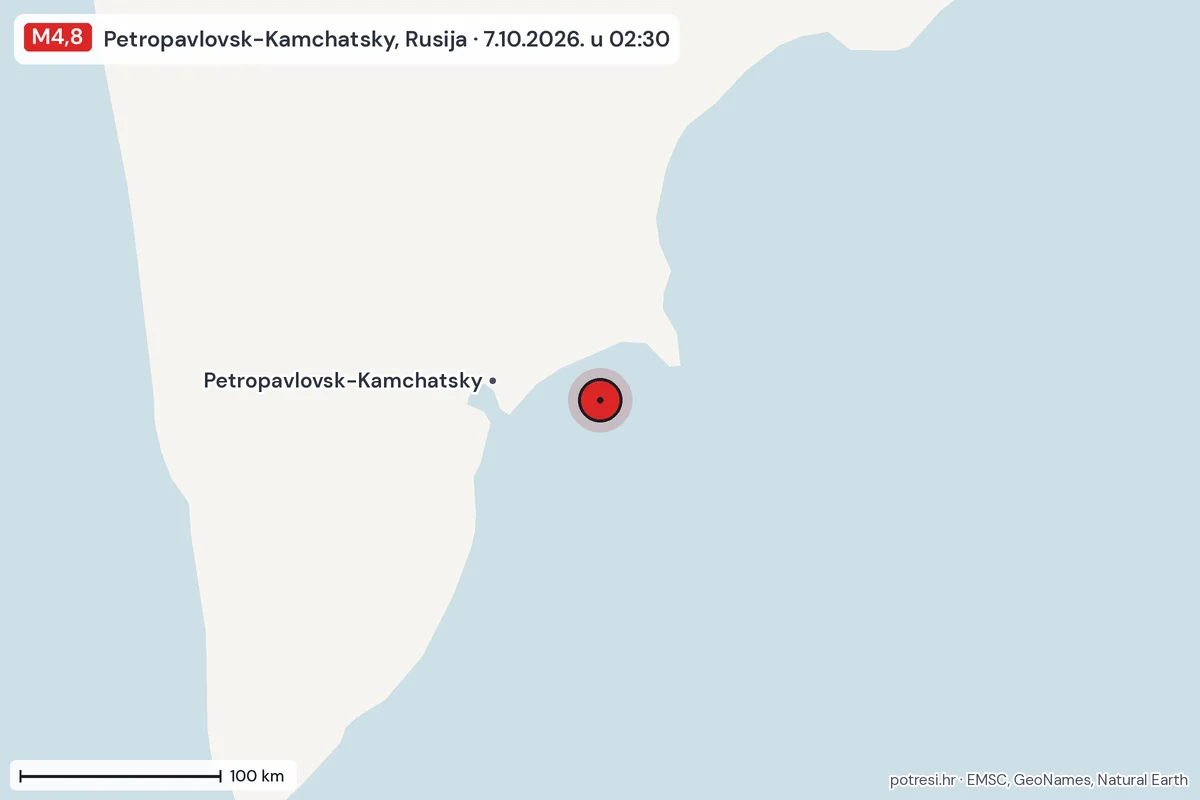 Karta: šire područje, 600 km, potres M4,8, Petropavlovsk-Kamchatsky, Rusija, 7.10.2026.