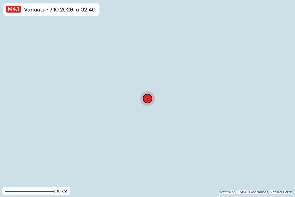 Karta: okolica epicentra, 60 km, potres M4,1, Vanuatu, 7.10.2026.