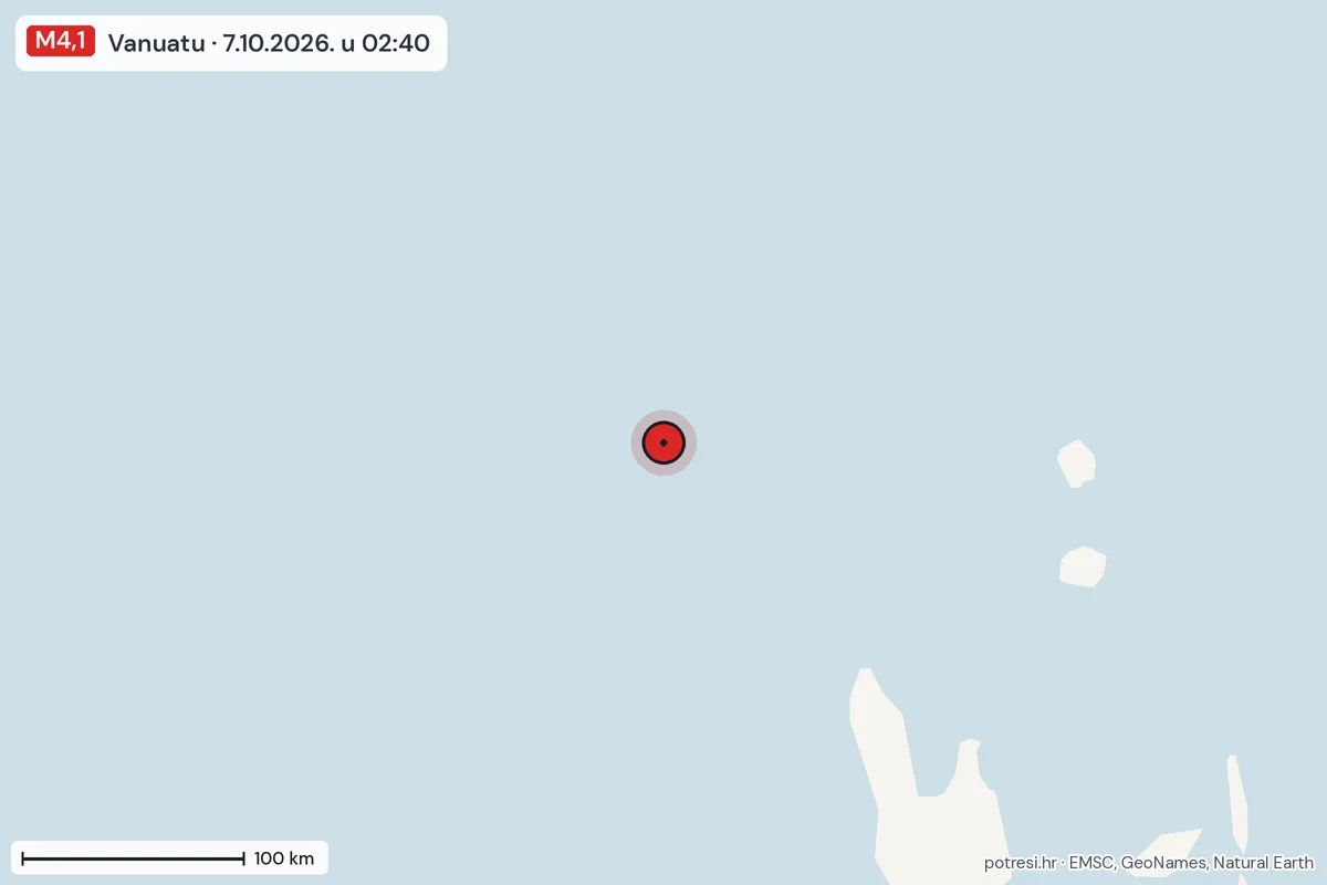 Karta: šire područje, 600 km, potres M4,1, Vanuatu, 7.10.2026.