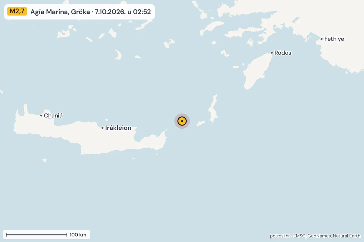 Karta: šire područje, 600 km, potres M2,7, Agía Marína, Grčka, 7.10.2026.