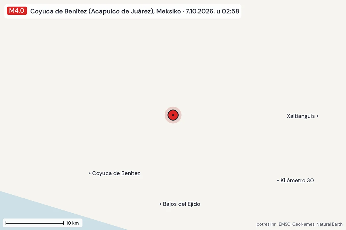 Karta: okolica epicentra, 60 km, potres M4,0, Coyuca de Benítez (Acapulco de Juárez), Meksiko, 7.10.2026.