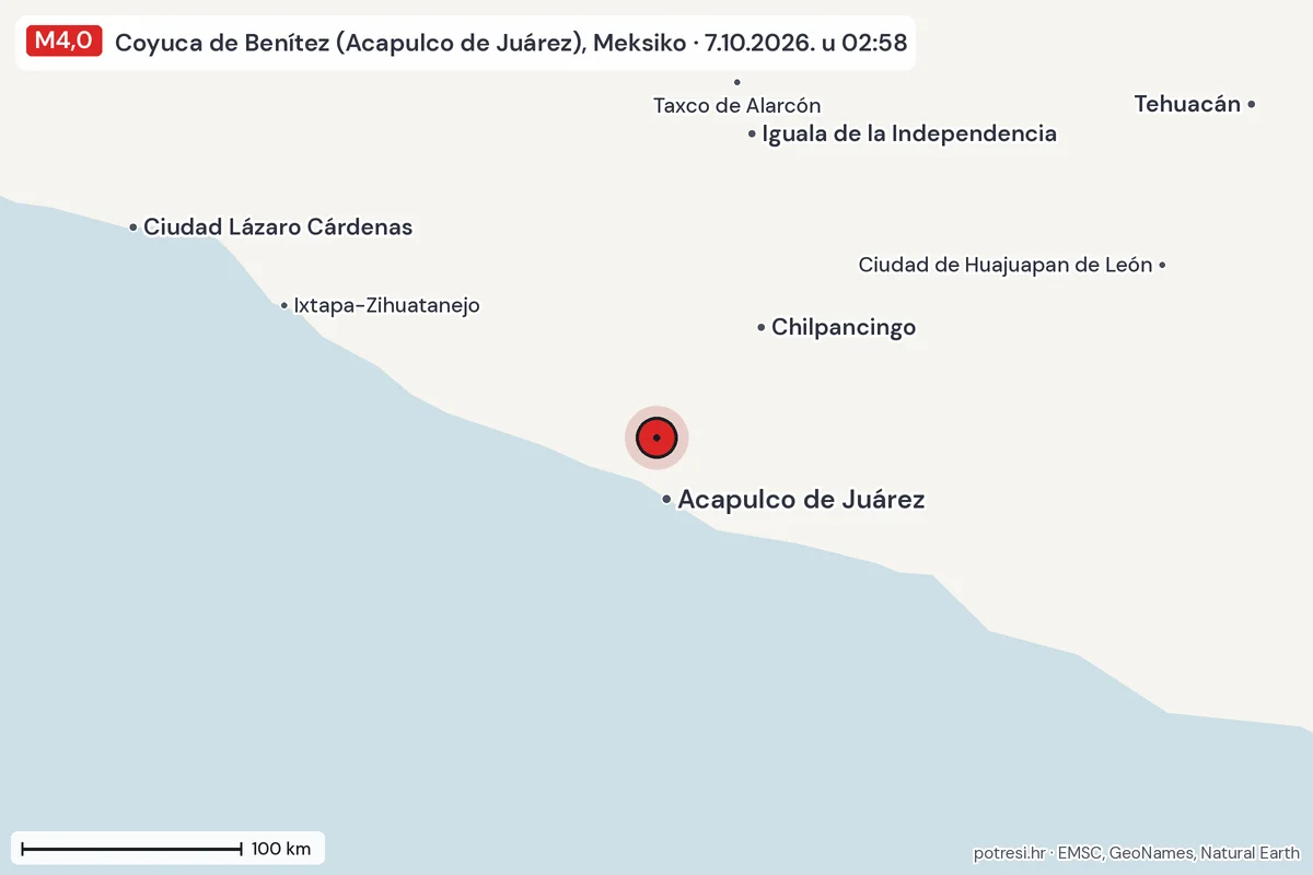 Karta: šire područje, 600 km, potres M4,0, Coyuca de Benítez (Acapulco de Juárez), Meksiko, 7.10.2026.