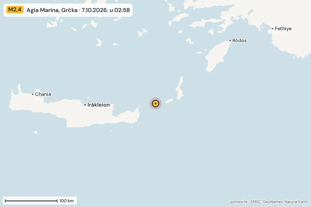 Karta: šire područje, 600 km, potres M2,4, Agía Marína, Grčka, 7.10.2026.