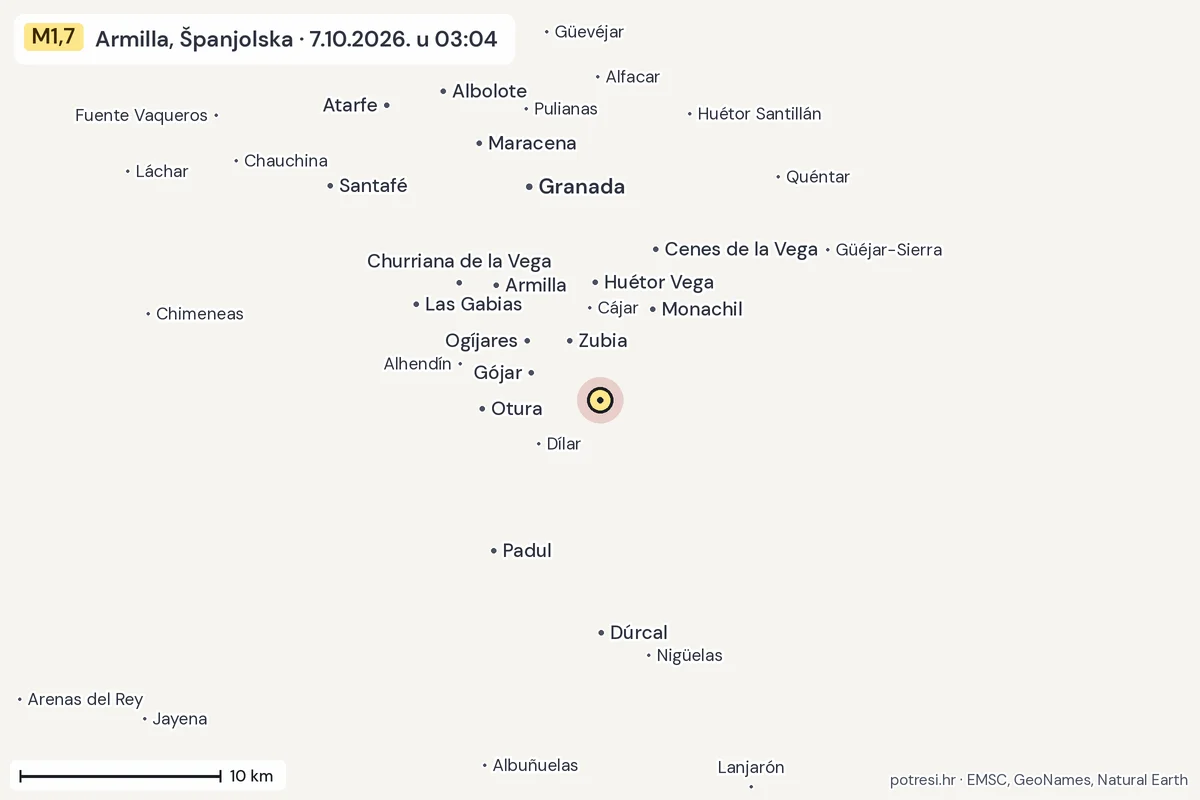 Karta: okolica epicentra, 60 km, potres M1,7, Armilla, Španjolska, 7.10.2026.