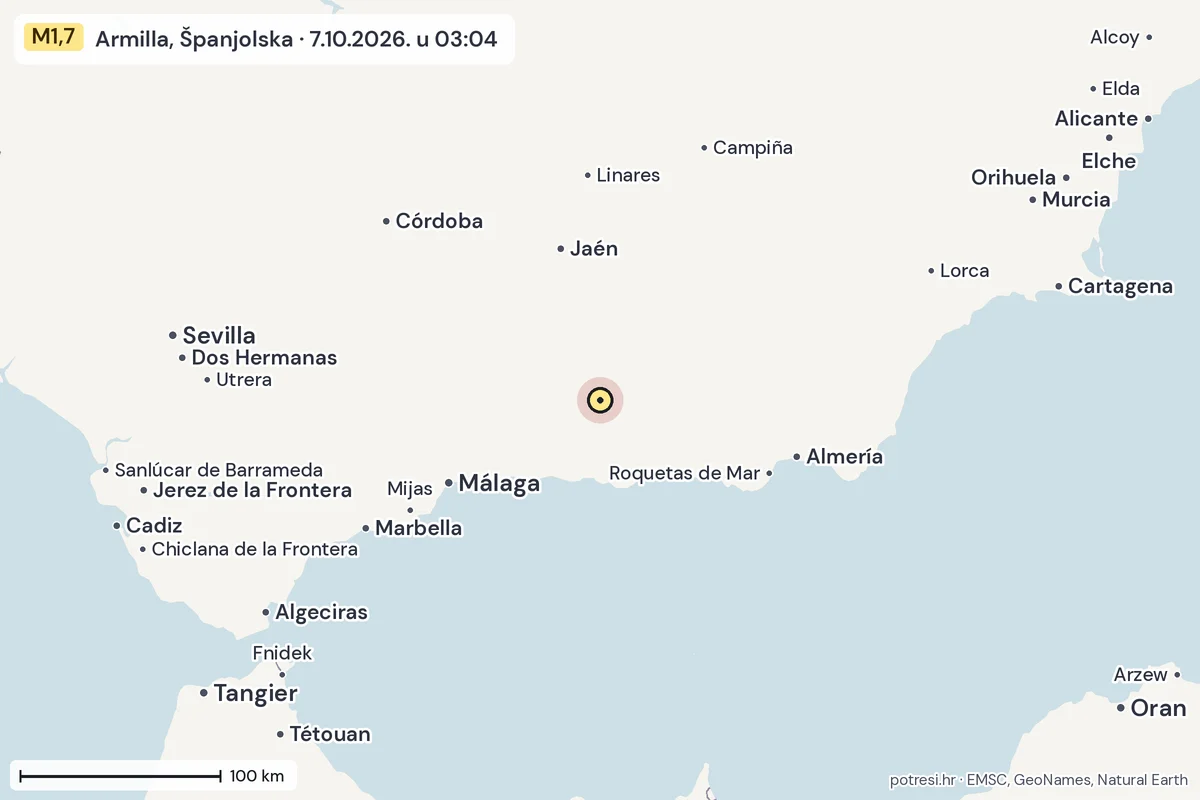 Karta: šire područje, 600 km, potres M1,7, Armilla, Španjolska, 7.10.2026.