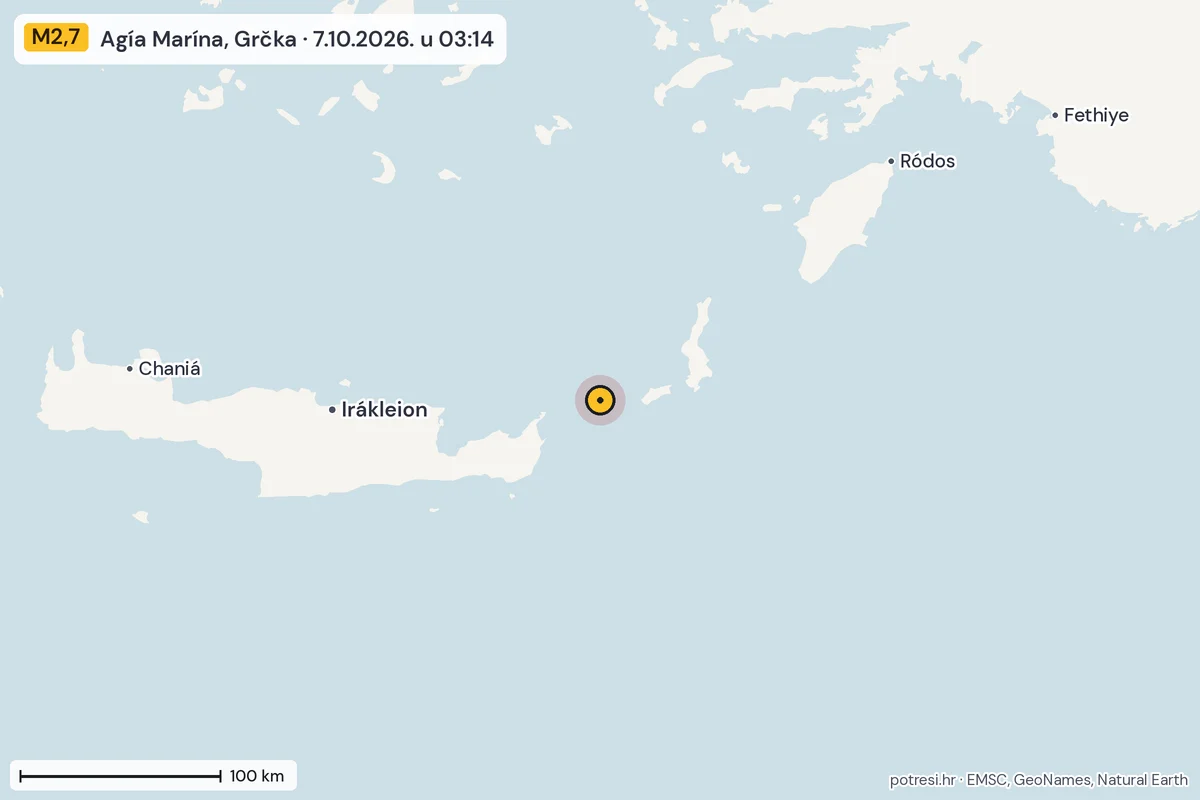 Karta: šire područje, 600 km, potres M2,7, Agía Marína, Grčka, 7.10.2026.