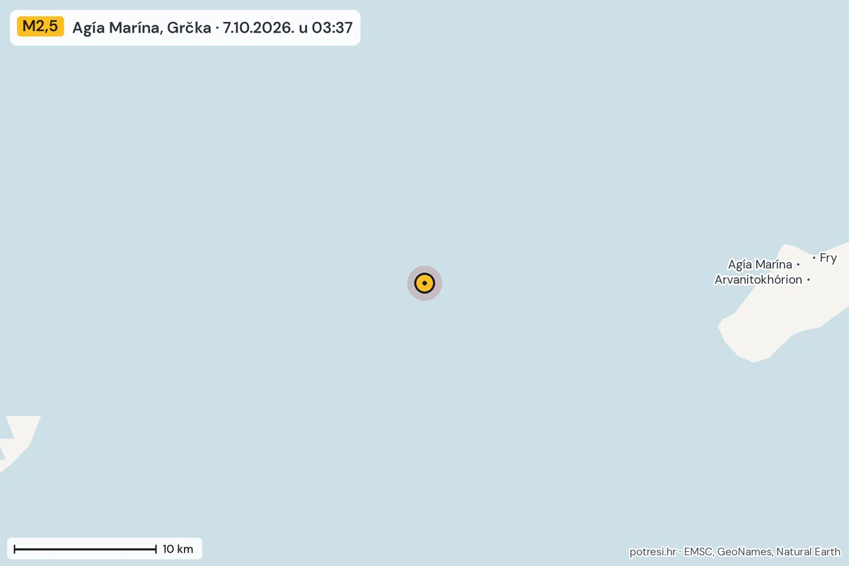 Karta: okolica epicentra, 60 km, potres M2,5, Agía Marína, Grčka, 7.10.2026.
