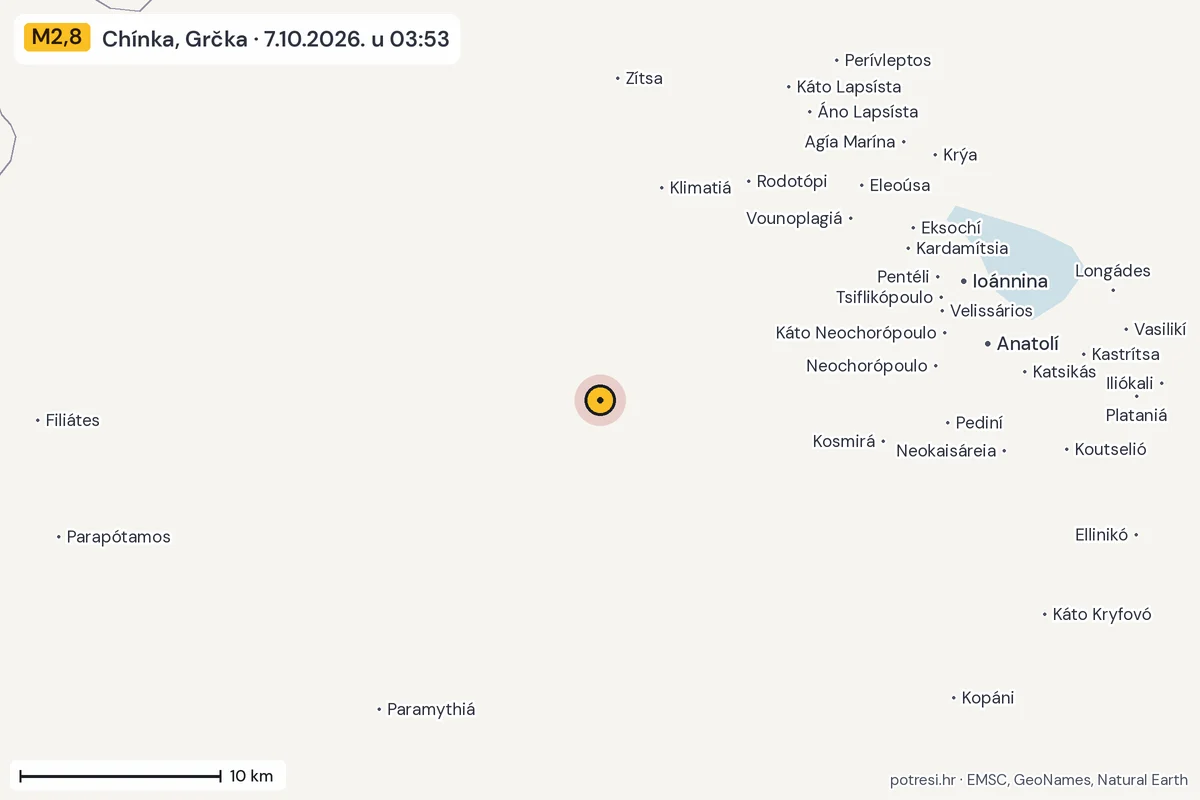 Karta: okolica epicentra, 60 km, potres M2,8, Chínka, Grčka, 7.10.2026.