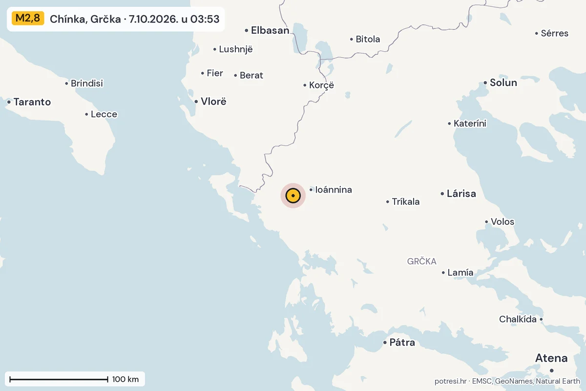 Karta: šire područje, 600 km, potres M2,8, Chínka, Grčka, 7.10.2026.