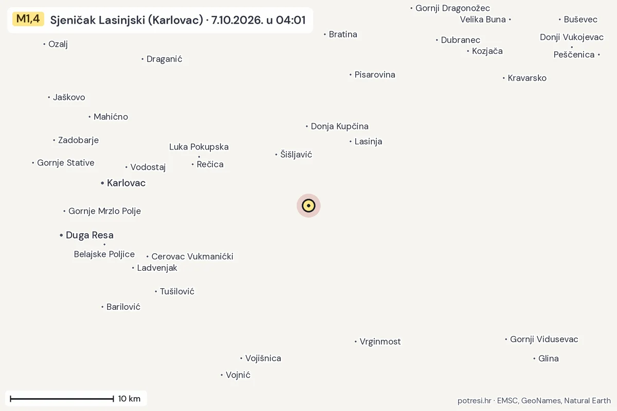 Karta: okolica epicentra, 60 km, potres M1,4, Sjeničak Lasinjski (Karlovac), 7.10.2026.