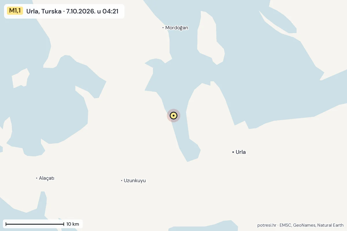 Karta: okolica epicentra, 60 km, potres M1,1, Urla, Turska, 7.10.2026.