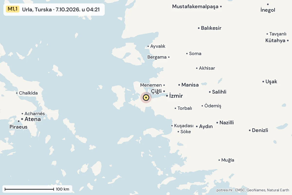 Karta: šire područje, 600 km, potres M1,1, Urla, Turska, 7.10.2026.