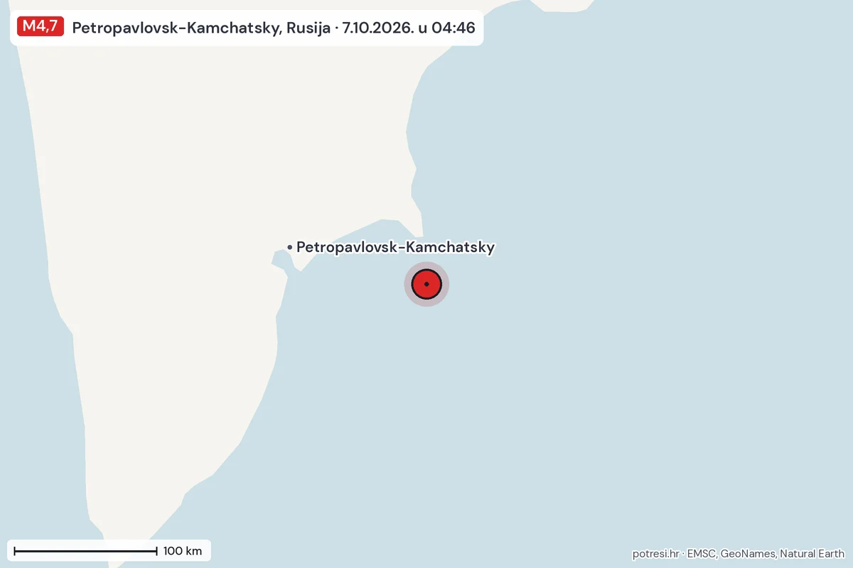 Karta: šire područje, 600 km, potres M4,7, Petropavlovsk-Kamchatsky, Rusija, 7.10.2026.