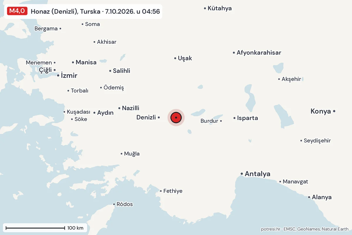 Karta: šire područje, 600 km, potres M4,0, Honaz (Denizli), Turska, 7.10.2026.