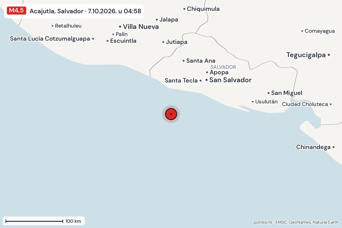 Karta: šire područje, 600 km, potres M4,5, Acajutla, Salvador, 7.10.2026.