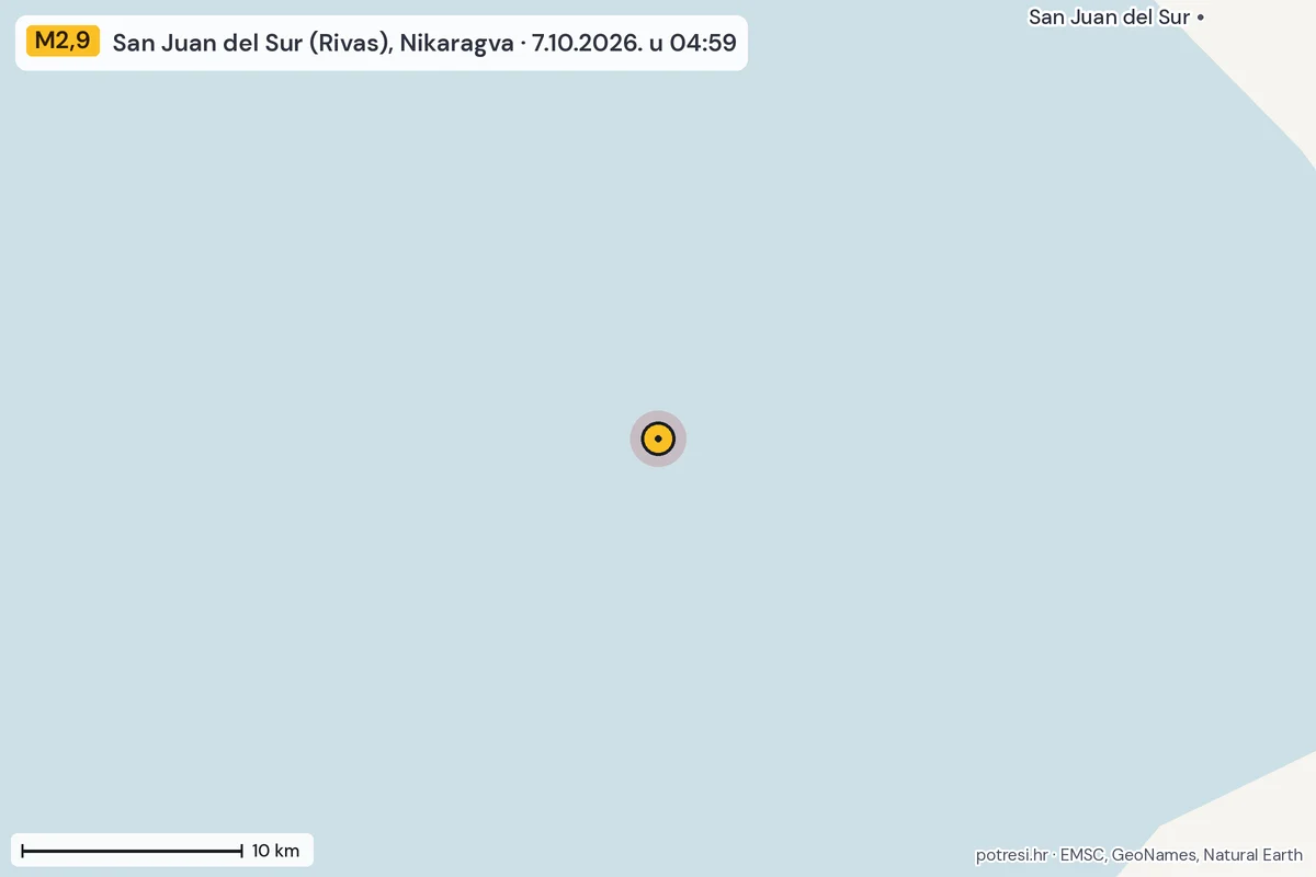 Karta: okolica epicentra, 60 km, potres M2,9, San Juan del Sur (Rivas), Nikaragva, 7.10.2026.