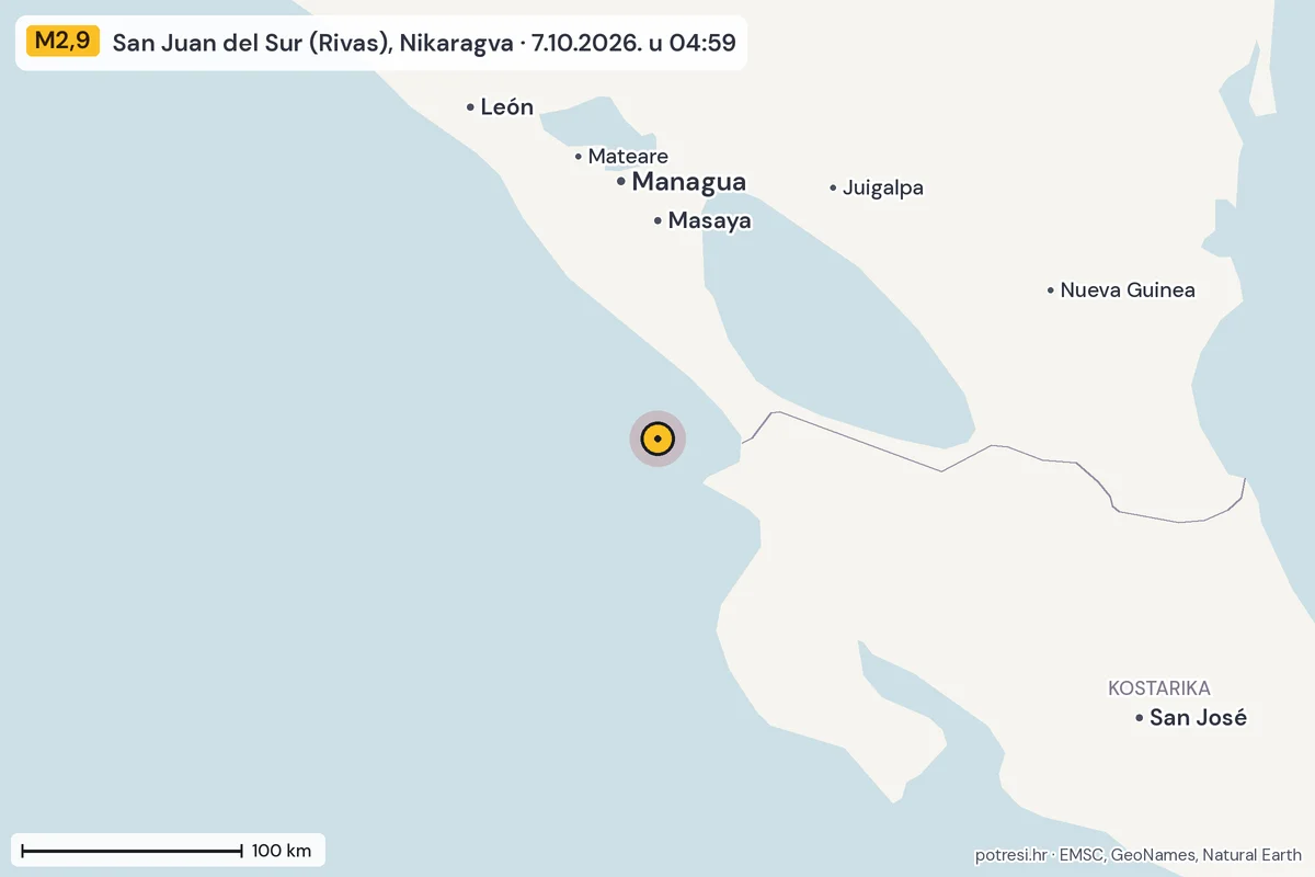 Karta: šire područje, 600 km, potres M2,9, San Juan del Sur (Rivas), Nikaragva, 7.10.2026.