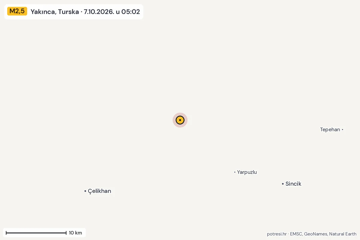 Karta: okolica epicentra, 60 km, potres M2,5, Yakınca, Turska, 7.10.2026.