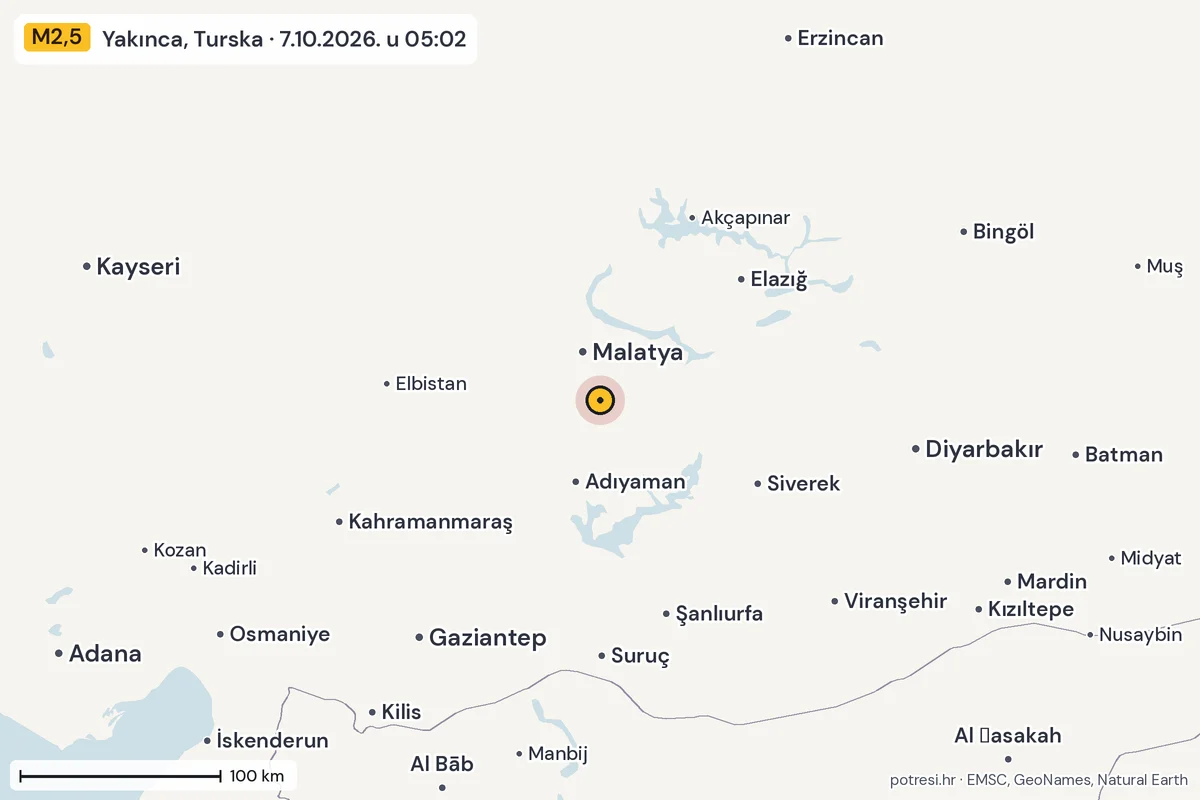 Karta: šire područje, 600 km, potres M2,5, Yakınca, Turska, 7.10.2026.