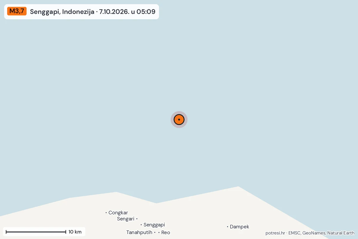 Karta: okolica epicentra, 60 km, potres M3,7, Senggapi, Indonezija, 7.10.2026.