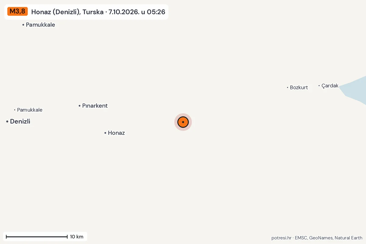 Karta: okolica epicentra, 60 km, potres M3,8, Honaz (Denizli), Turska, 7.10.2026.