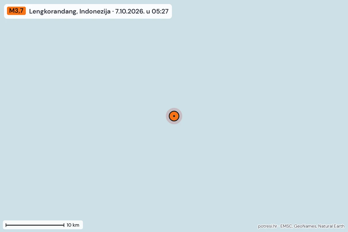 Karta: okolica epicentra, 60 km, potres M3,7, Lengkorandang, Indonezija, 7.10.2026.