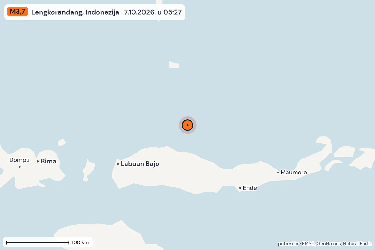 Karta: šire područje, 600 km, potres M3,7, Lengkorandang, Indonezija, 7.10.2026.