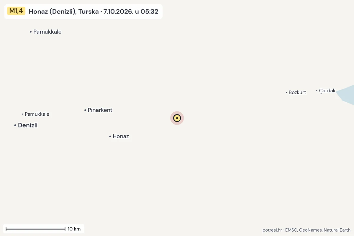 Karta: okolica epicentra, 60 km, potres M1,4, Honaz (Denizli), Turska, 7.10.2026.