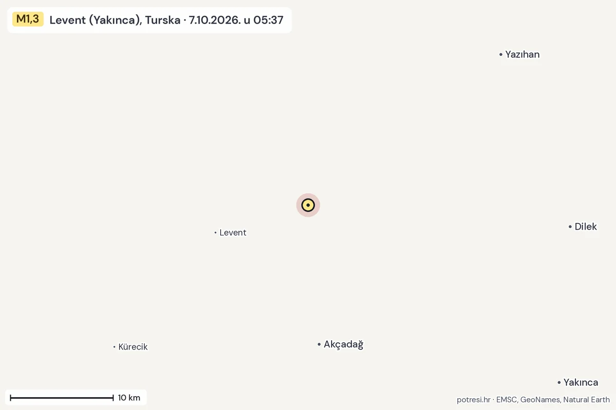 Karta: okolica epicentra, 60 km, potres M1,3, Levent (Yakınca), Turska, 7.10.2026.