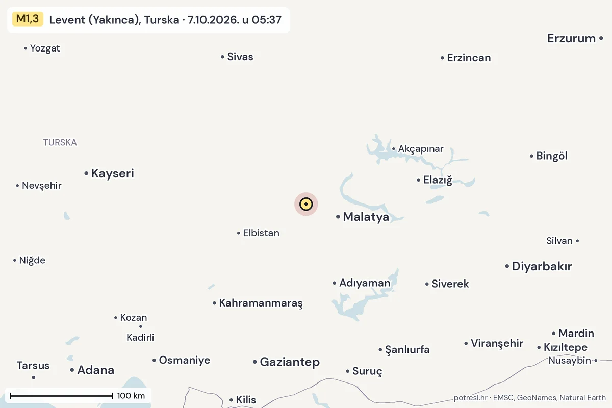 Karta: šire područje, 600 km, potres M1,3, Levent (Yakınca), Turska, 7.10.2026.