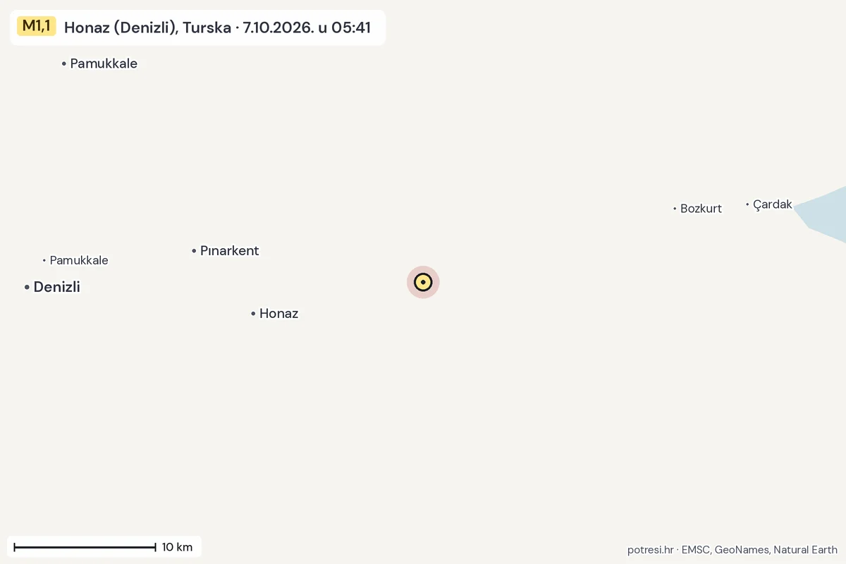 Karta: okolica epicentra, 60 km, potres M1,1, Honaz (Denizli), Turska, 7.10.2026.